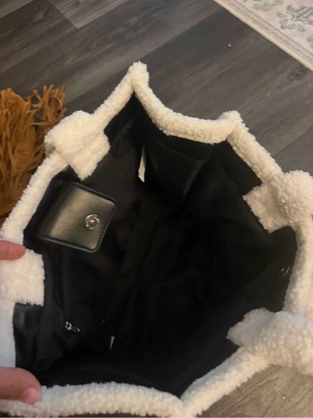 Black Quilted Tote with Cream Sherpa Trim